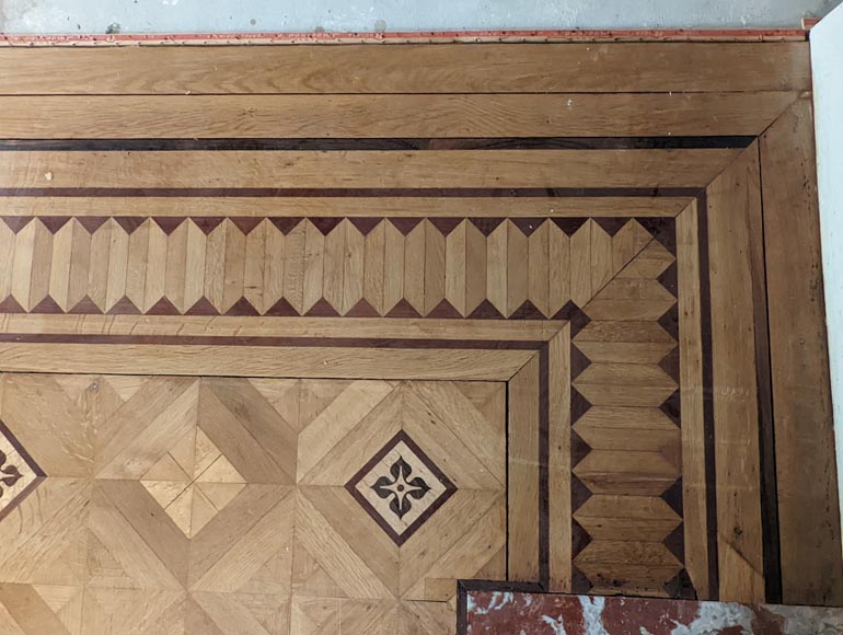 Parquet flooring with wood marquetery depicting diamond shapes and stylized flowers, late 19th century-10