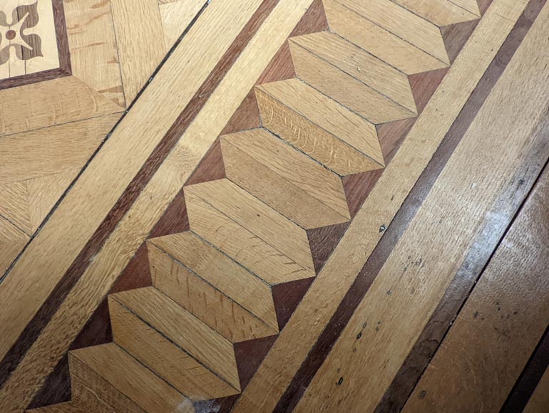 Parquet flooring with wood marquetery depicting diamond shapes and stylized flowers, late 19th century-11