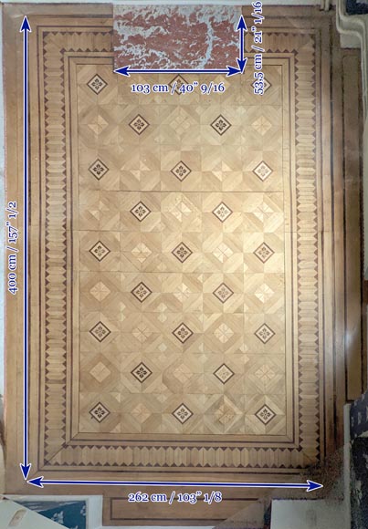 Parquet flooring with wood marquetery depicting diamond shapes and stylized flowers, late 19th century-12