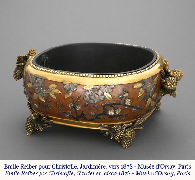 CHRISTOFLE - Exceptional planter in electroplated copper, partially copper colored, gilt, silvered and burnished on a silver background, circa 1878-1