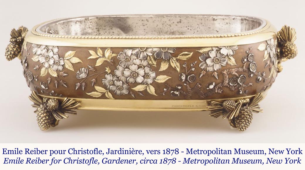 CHRISTOFLE - Exceptional planter in electroplated copper, partially copper colored, gilt, silvered and burnished on a silver background, circa 1878-2