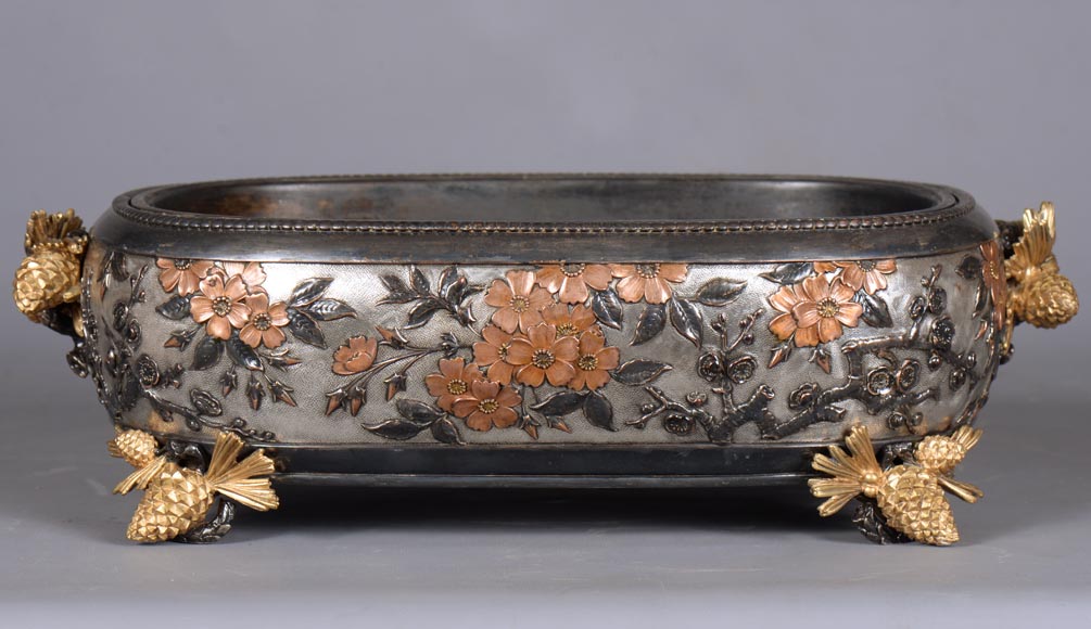 CHRISTOFLE - Exceptional planter in electroplated copper, partially copper colored, gilt, silvered and burnished on a silver background, circa 1878-3