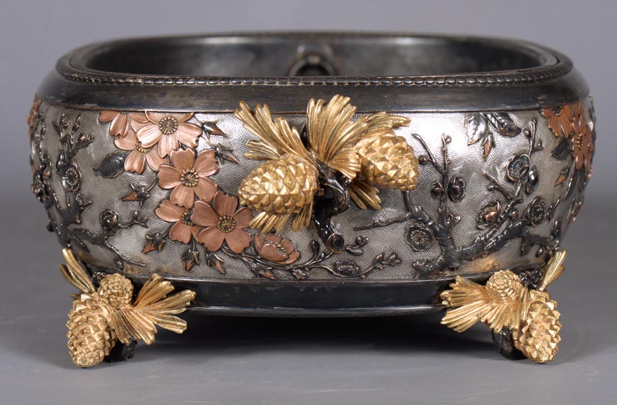 CHRISTOFLE - Exceptional planter in electroplated copper, partially copper colored, gilt, silvered and burnished on a silver background, circa 1878-5