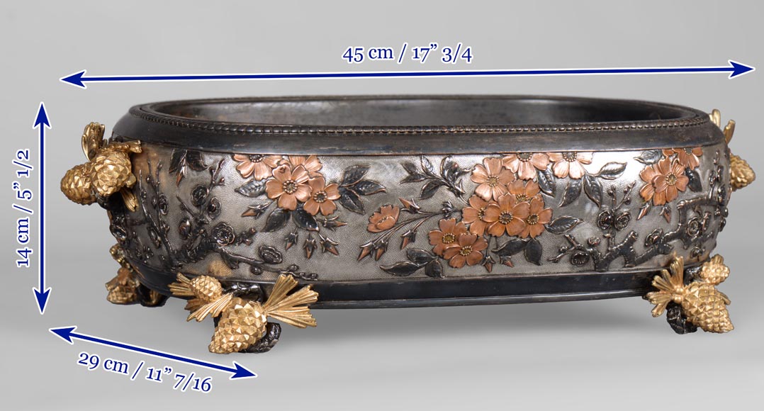CHRISTOFLE - Exceptional planter in electroplated copper, partially copper colored, gilt, silvered and burnished on a silver background, circa 1878-13