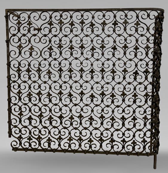 Wrought iron radiator railing decorated with volutes and fleur-de-lis-0