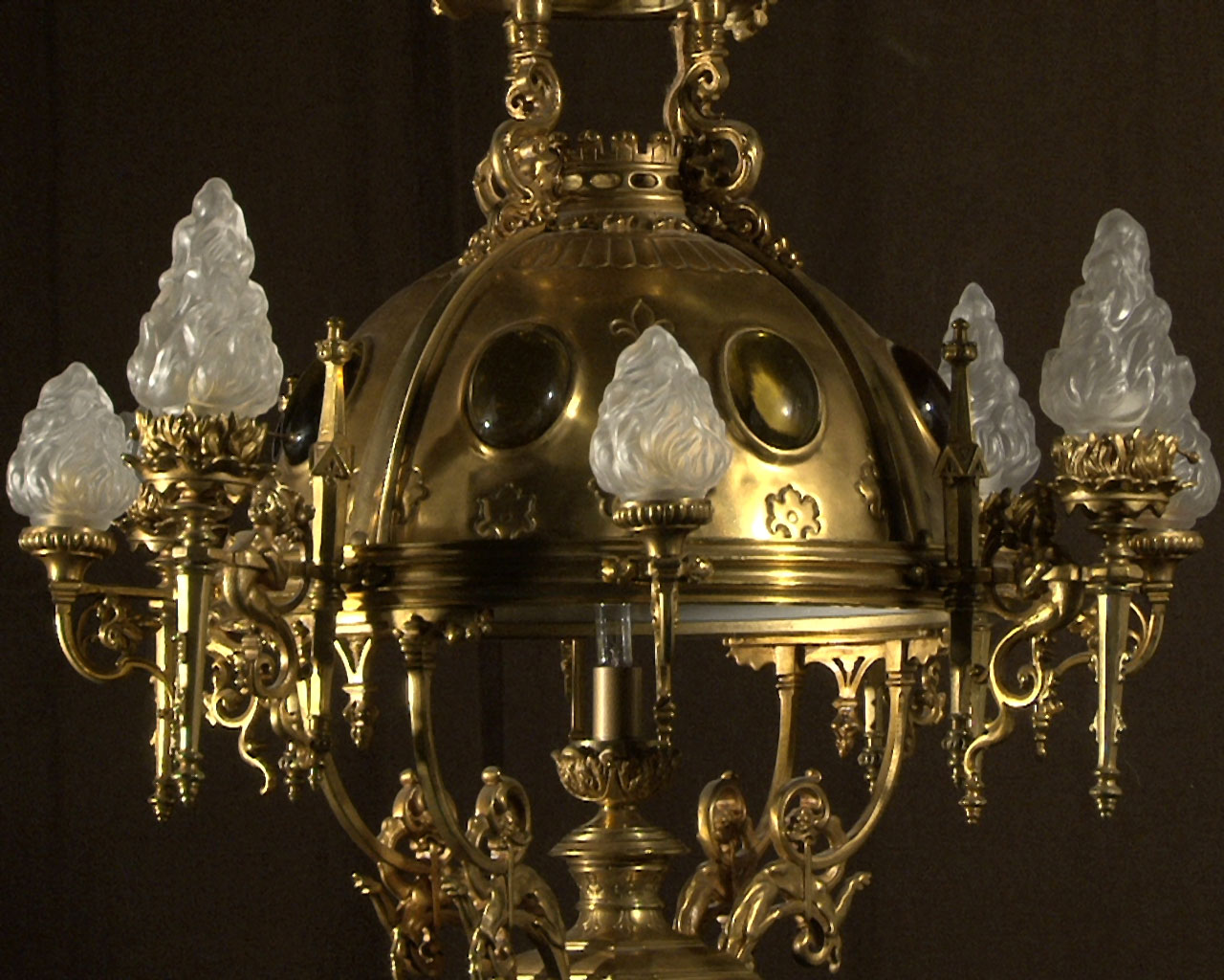Bronze gilded suspension with glass gemstones. Napoleon III period.-11