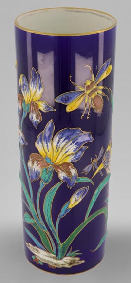 Manufacture de Longwy - Vase with an enameled decoration of iris and insects on a Sèvres blue background, circa 1890-0