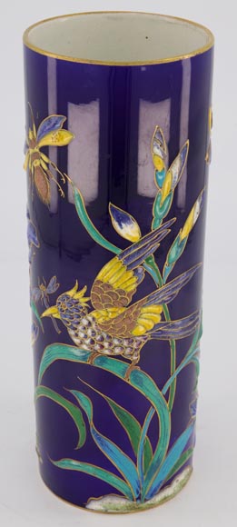 Manufacture de Longwy - Vase with an enameled decoration of iris and insects on a Sèvres blue background, circa 1890-1