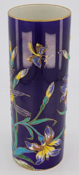 Manufacture de Longwy - Vase with an enameled decoration of iris and insects on a Sèvres blue background, circa 1890-2
