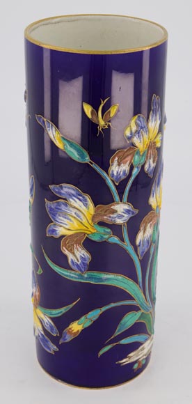 Manufacture de Longwy - Vase with an enameled decoration of iris and insects on a Sèvres blue background, circa 1890-3