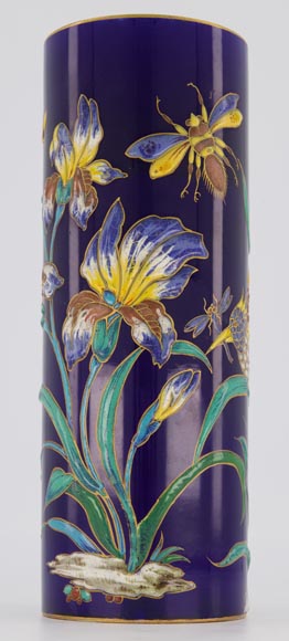 Manufacture de Longwy - Vase with an enameled decoration of iris and insects on a Sèvres blue background, circa 1890-4
