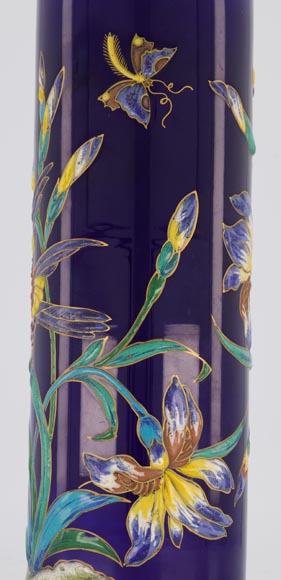 Manufacture de Longwy - Vase with an enameled decoration of iris and insects on a Sèvres blue background, circa 1890-5