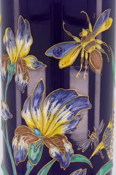 Manufacture de Longwy - Vase with an enameled decoration of iris and insects on a Sèvres blue background, circa 1890-6