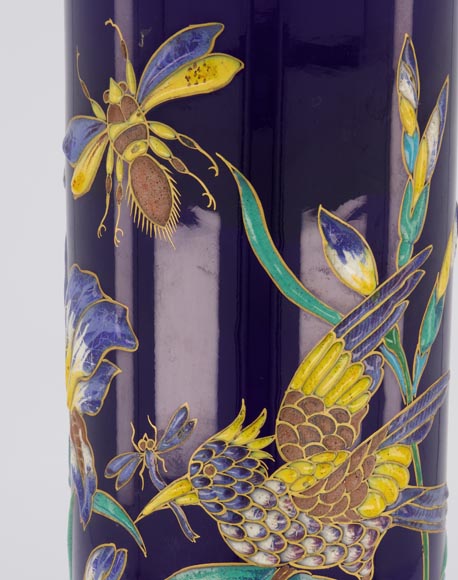 Manufacture de Longwy - Vase with an enameled decoration of iris and insects on a Sèvres blue background, circa 1890-7
