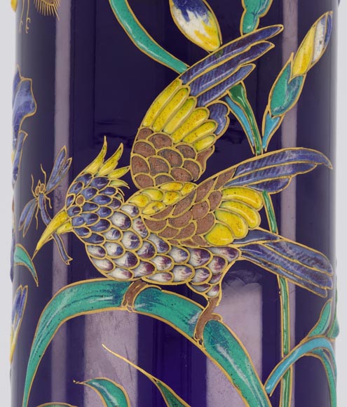 Manufacture de Longwy - Vase with an enameled decoration of iris and insects on a Sèvres blue background, circa 1890-8