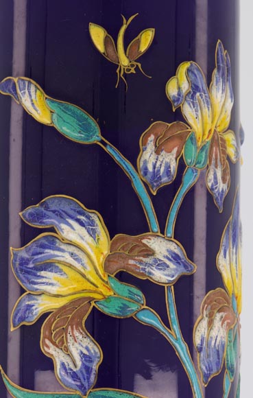 Manufacture de Longwy - Vase with an enameled decoration of iris and insects on a Sèvres blue background, circa 1890-9