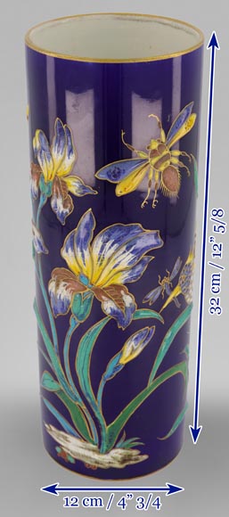 Manufacture de Longwy - Vase with an enameled decoration of iris and insects on a Sèvres blue background, circa 1890-11