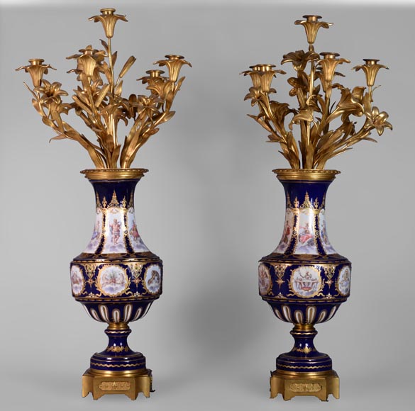 Pair of Girandoles in bronze and Sèvres porcelain-0