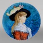 Théodore DECK, blue dish with female bust in profile, second half of the 19th century