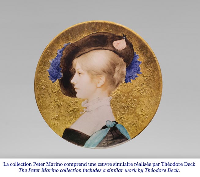 Théodore DECK, blue dish with female bust in profile, second half of the 19th century-5