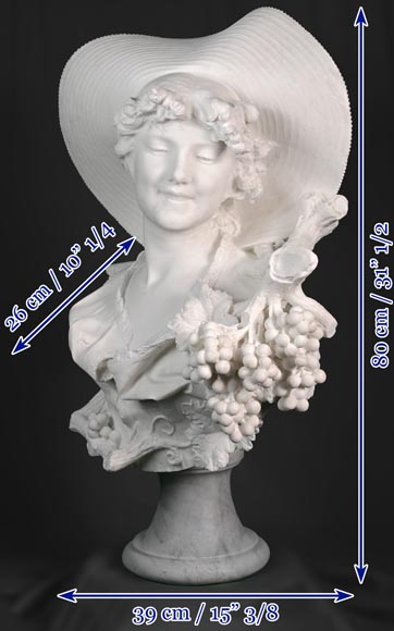 F. SAUL - Jeune fille au chapeau dans les vignes, carved bust in Carrara marble-13