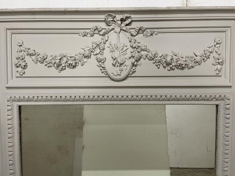 Louis XVI style overmantel with oval violin medallion and flower garland-1