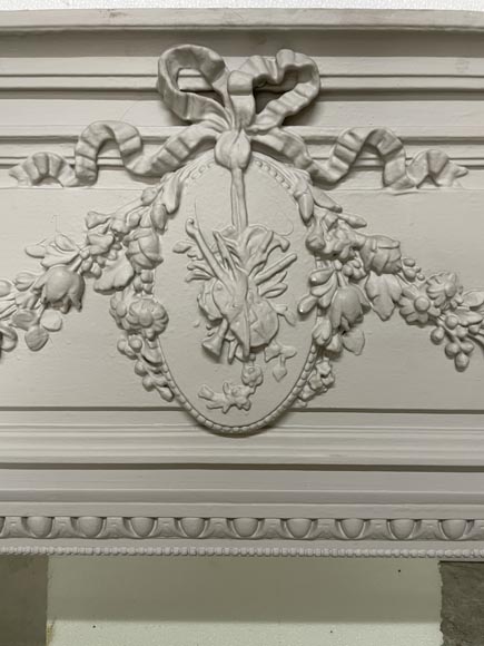 Louis XVI style overmantel with oval violin medallion and flower garland-2