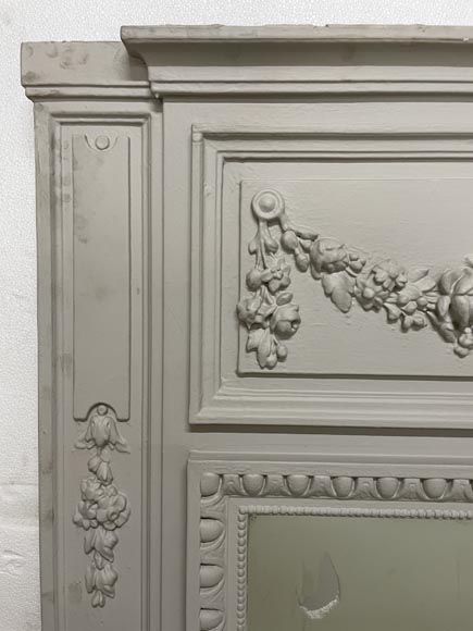 Louis XVI style overmantel with oval violin medallion and flower garland-3