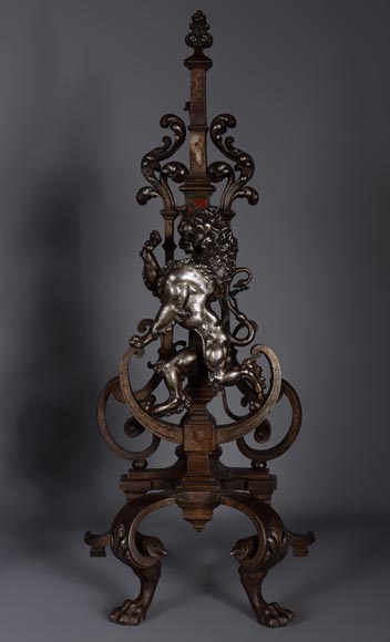 Pair of silver and brown bronze andirons with standing lions-2