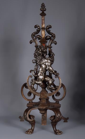 Pair of silver and brown bronze andirons with standing lions-3