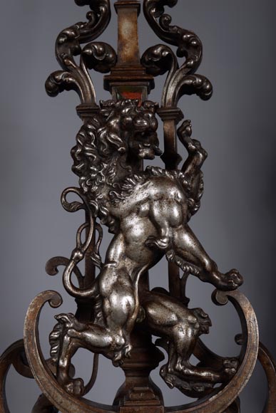 Pair of silvered iron and cat iron andirons with standing lions-6