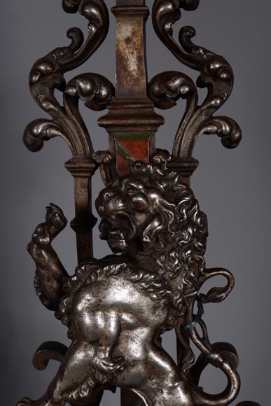 Pair of silvered iron and cat iron andirons with standing lions-8