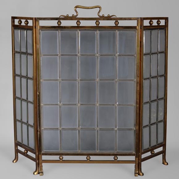English fire screen in brass and bevelled glass, Napoleon III period-0