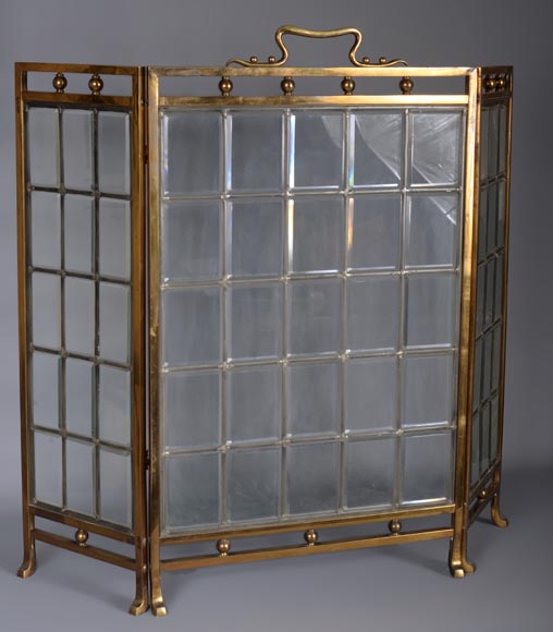 English fire screen in brass and bevelled glass, Napoleon III period-1