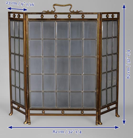 English fire screen in brass and bevelled glass, Napoleon III period-7