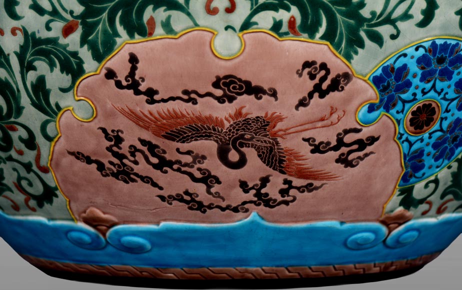 JULES VIEILLARD & COMPAGNIE, large Japanese-style cachepot in Bordeaux earthenware with polychrome enamel decoration JULES VIEILLARD & COMPAGNIE, large Japanese-style cachepot in Bordeaux earthenware with polychrome enamel decoration-3
