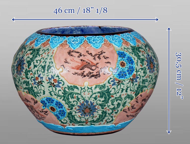 JULES VIEILLARD & COMPAGNIE, large Japanese-style cachepot in Bordeaux earthenware with polychrome enamel decoration JULES VIEILLARD & COMPAGNIE, large Japanese-style cachepot in Bordeaux earthenware with polychrome enamel decoration-5