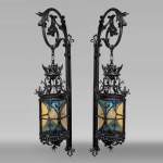 Pair of neo-Gothic lanterns with fleur-de-lis and dolphins, circa 1895