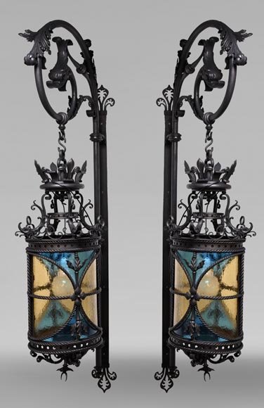 Pair of neo-Gothic lanterns with fleur-de-lis and dolphins, circa 1895-0