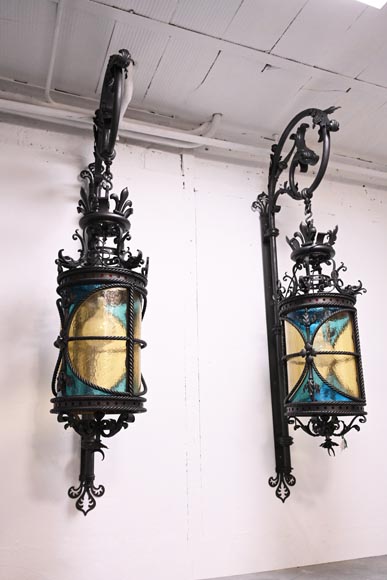 Pair of neo-Gothic lanterns with fleur-de-lis and dolphins, circa 1895-2