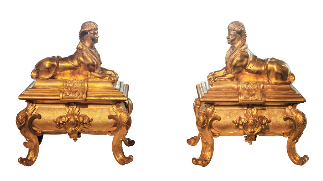 Pair of Napoleon III style gilt-bronze chenets featuring sphinxes-0