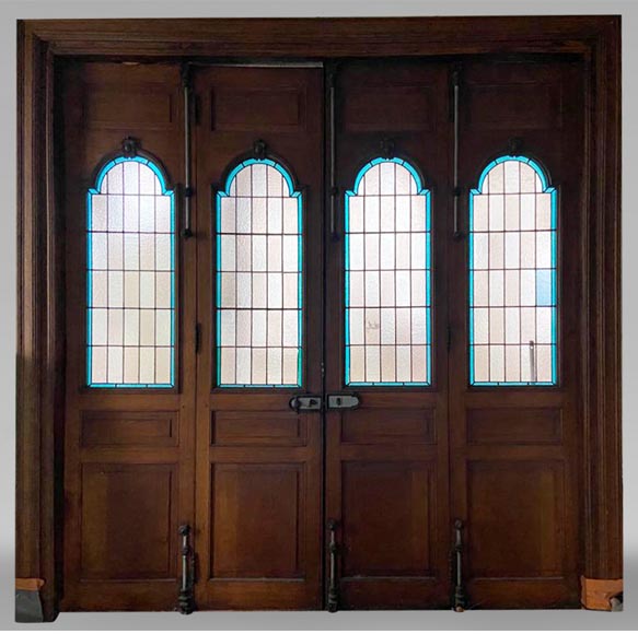 Quadruple oak door with stained glass windows-0