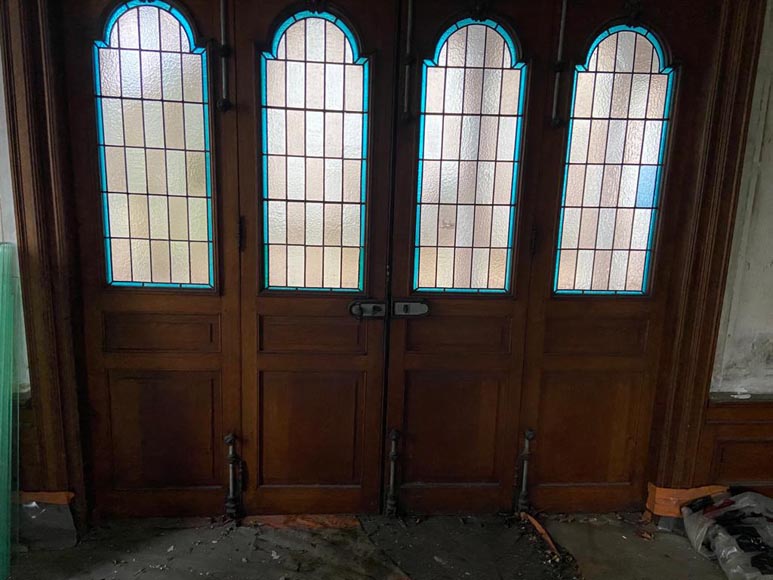 Quadruple oak door with stained glass windows-2