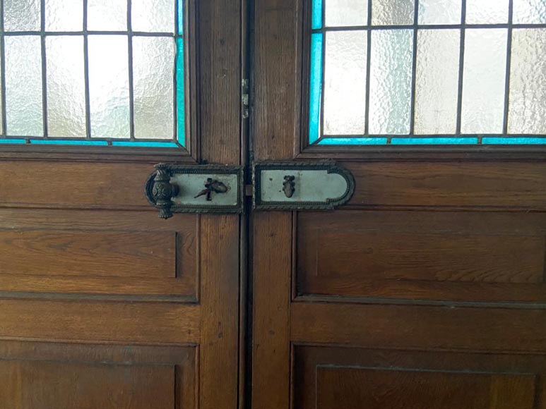 Quadruple oak door with stained glass windows-4