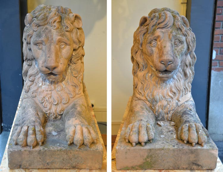 Pair of terracotta lion statues, 18th century-3