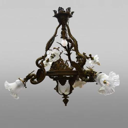 Maison Mottheau et Fils, Japonist gilt-bronze chandelier, circa 1900