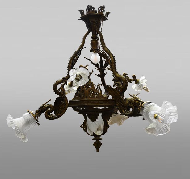 Maison Mottheau et Fils, Japonist gilt-bronze chandelier Maison Mottheau et Fils, Japonist gilt-bronze chandelier-0