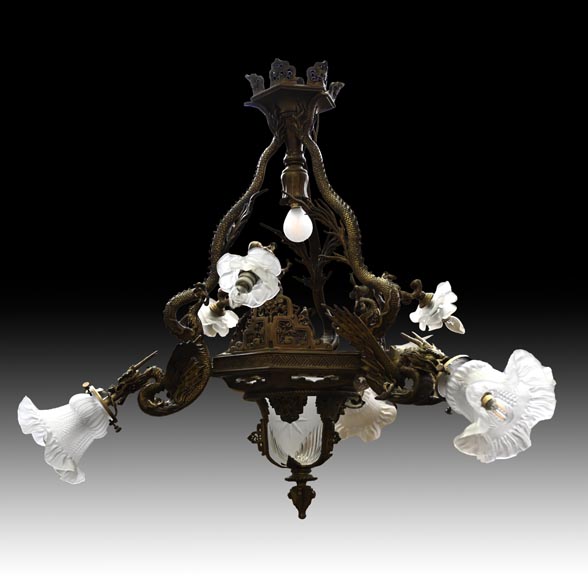 Maison Mottheau et Fils, Japonist gilt-bronze chandelier Maison Mottheau et Fils, Japonist gilt-bronze chandelier-1