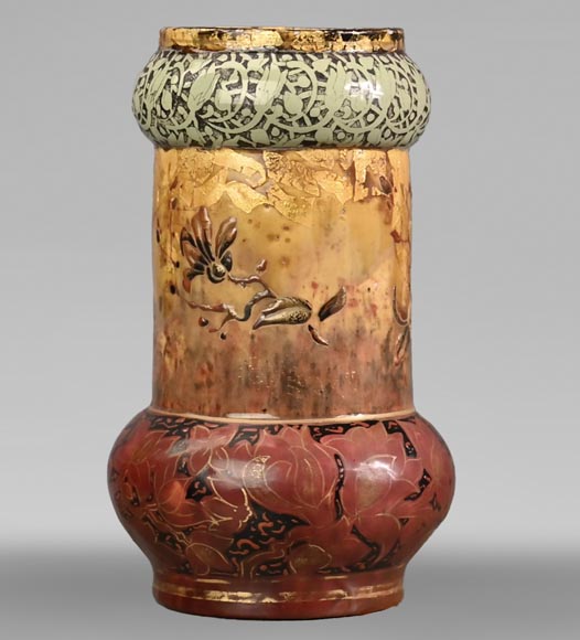 Flowers and golden spangles, an exceptional ceramic vase by Emile GALLÉ-2