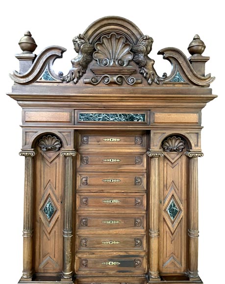Neo-Renaissance ceremonial cabinet, Napoléon III period, carved walnut with sea-green marble inserts-2
